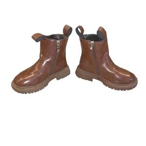 Kids Brown Faux Leather Side Zip Lug Sole Boots Ankle Boots Size EU 25 USA 8.5/9